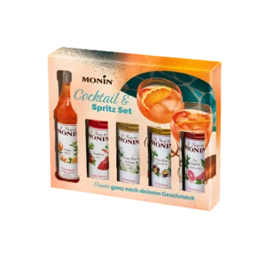 Monin Cocktail and Spritz syrup gift set box with five miniature syrup bottles including Orange Spritz, Strawberry, Elderflower, Passion Fruit and Pink Grapefruit