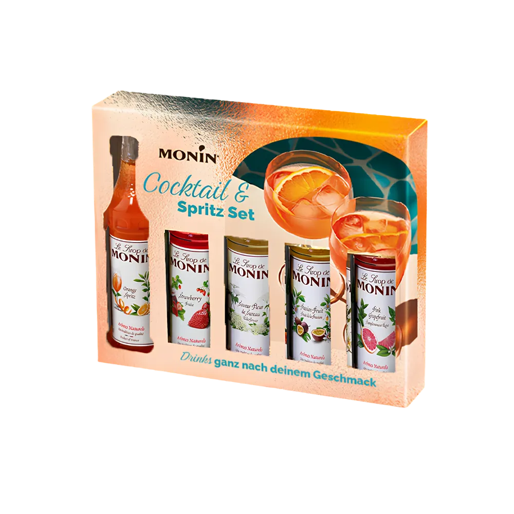 Monin Cocktail and Spritz syrup gift set box with five miniature syrup bottles including Orange Spritz, Strawberry, Elderflower, Passion Fruit and Pink Grapefruit