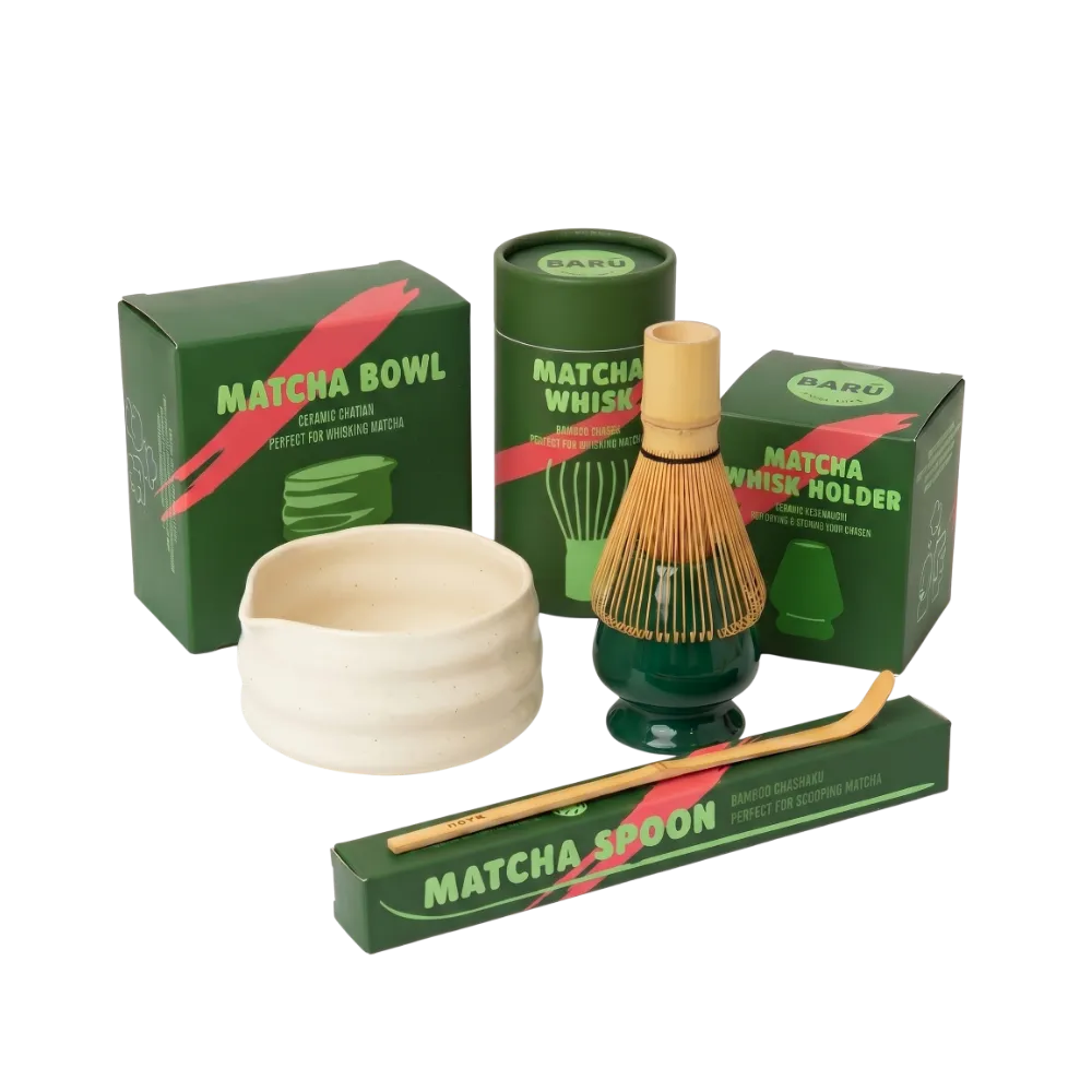 Baru matcha lover set with ceramic chawan bowl, bamboo chasen whisk, ceramic whisk holder and bamboo chashaku spoon with original packaging on white background