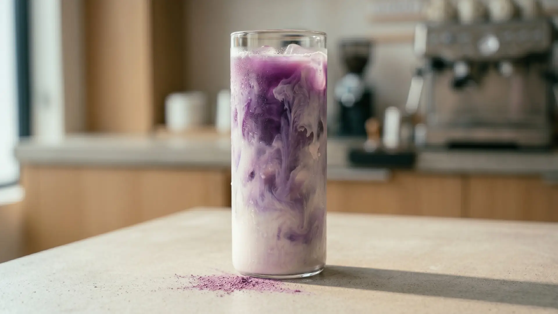 Iced ube latte in a clear glass with purple and white milk swirling together, ube powder dusted on the surface beside it