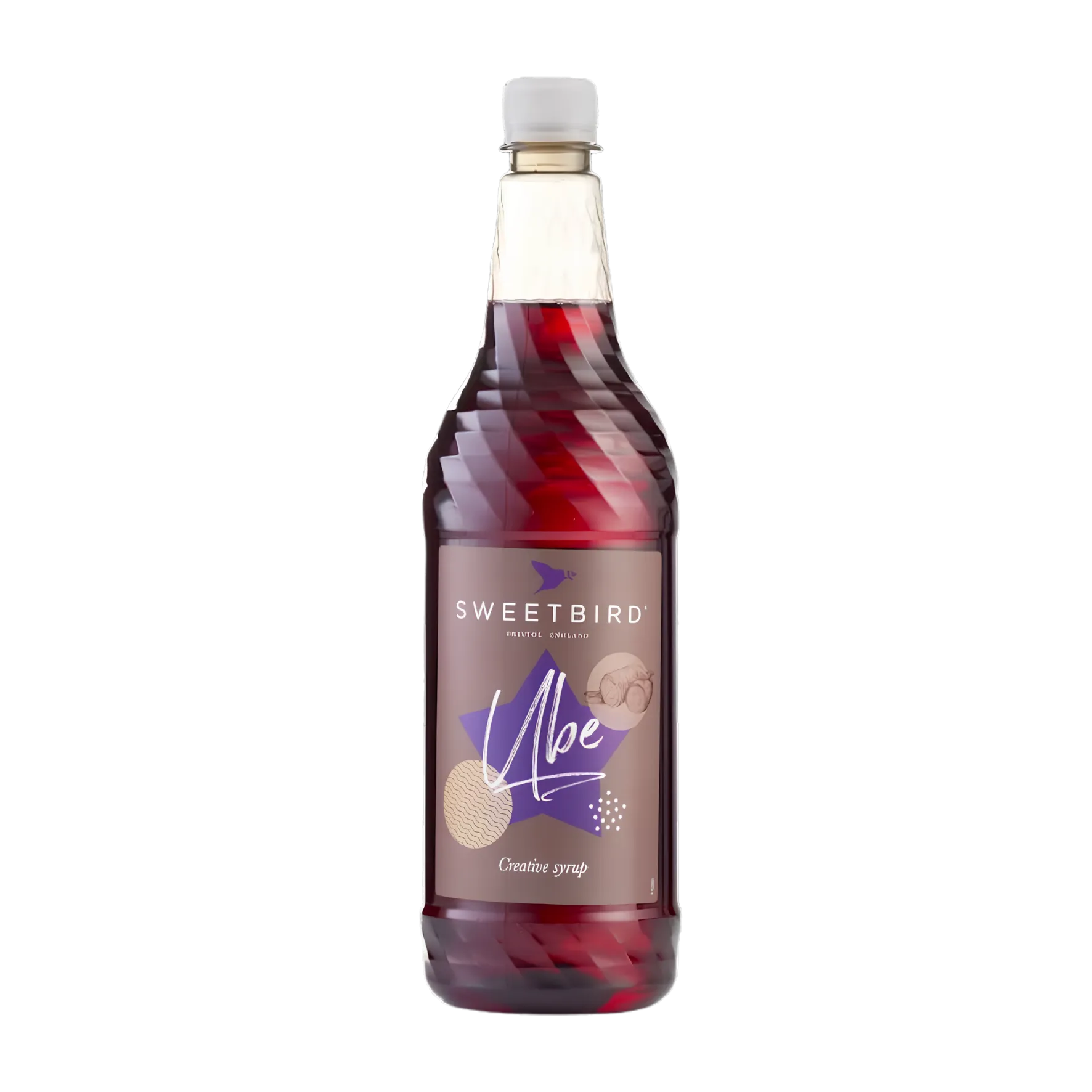 Sweetbird Ube Creative Syrup 1-litre bottle showing deep cranberry-purple syrup inside, with a taupe label featuring cursive Ube lettering and a purple geometric diamond shape, on a white background