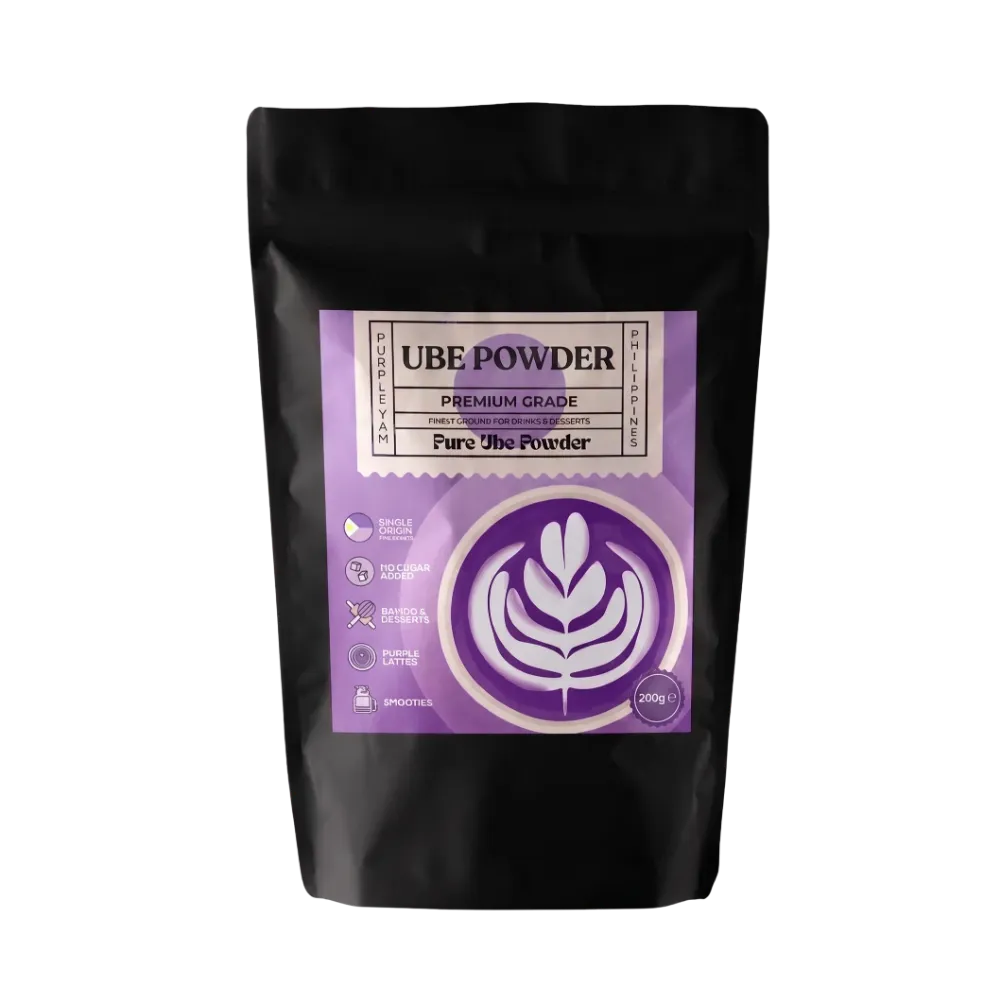 Premium grade ube powder 200g in a black stand-up zipper pouch with purple label on white background