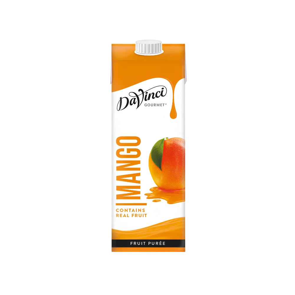 DaVinci Gourmet Mango Fruit Purée carton with real mango on white background