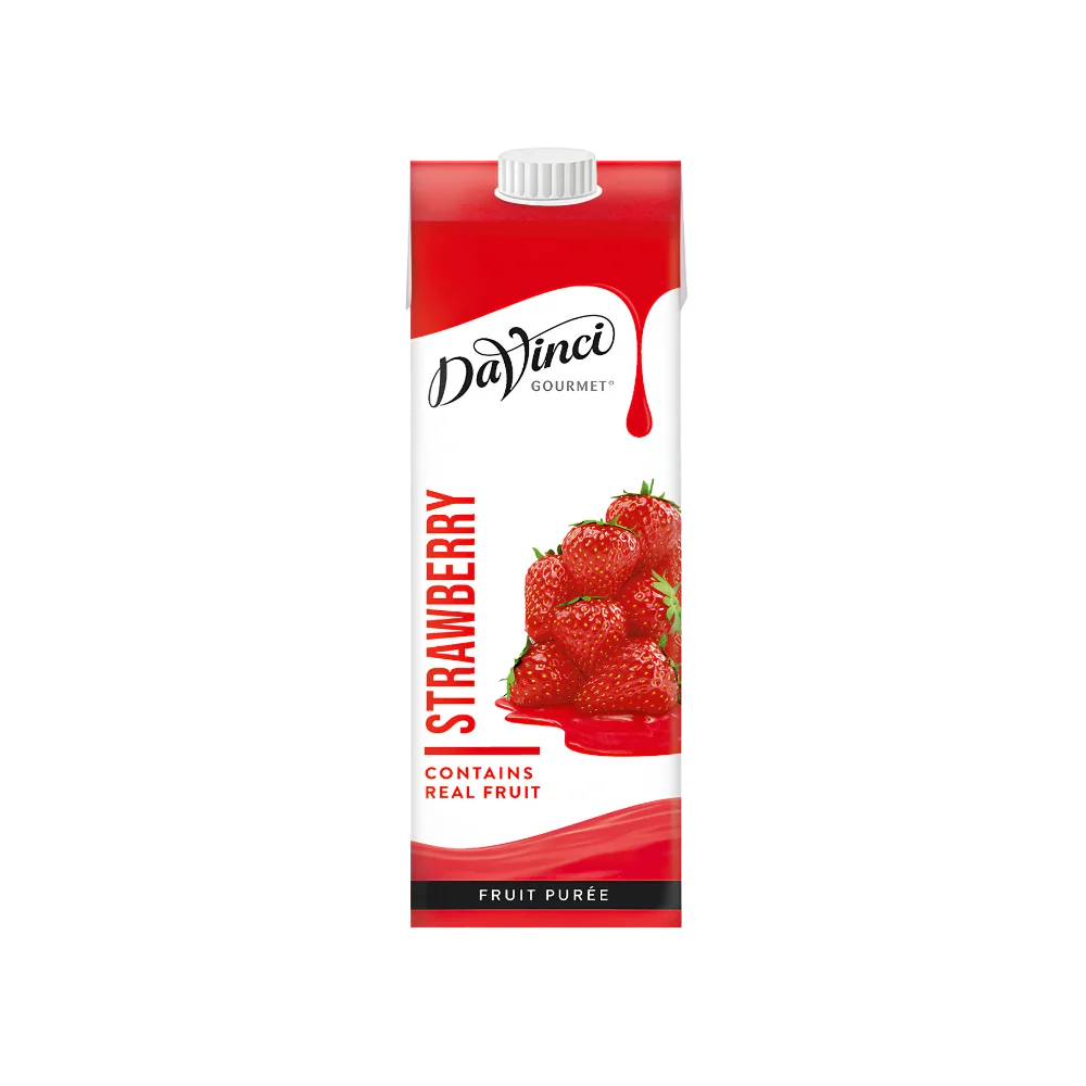 DaVinci Gourmet Strawberry Fruit Purée carton with real strawberries on white background