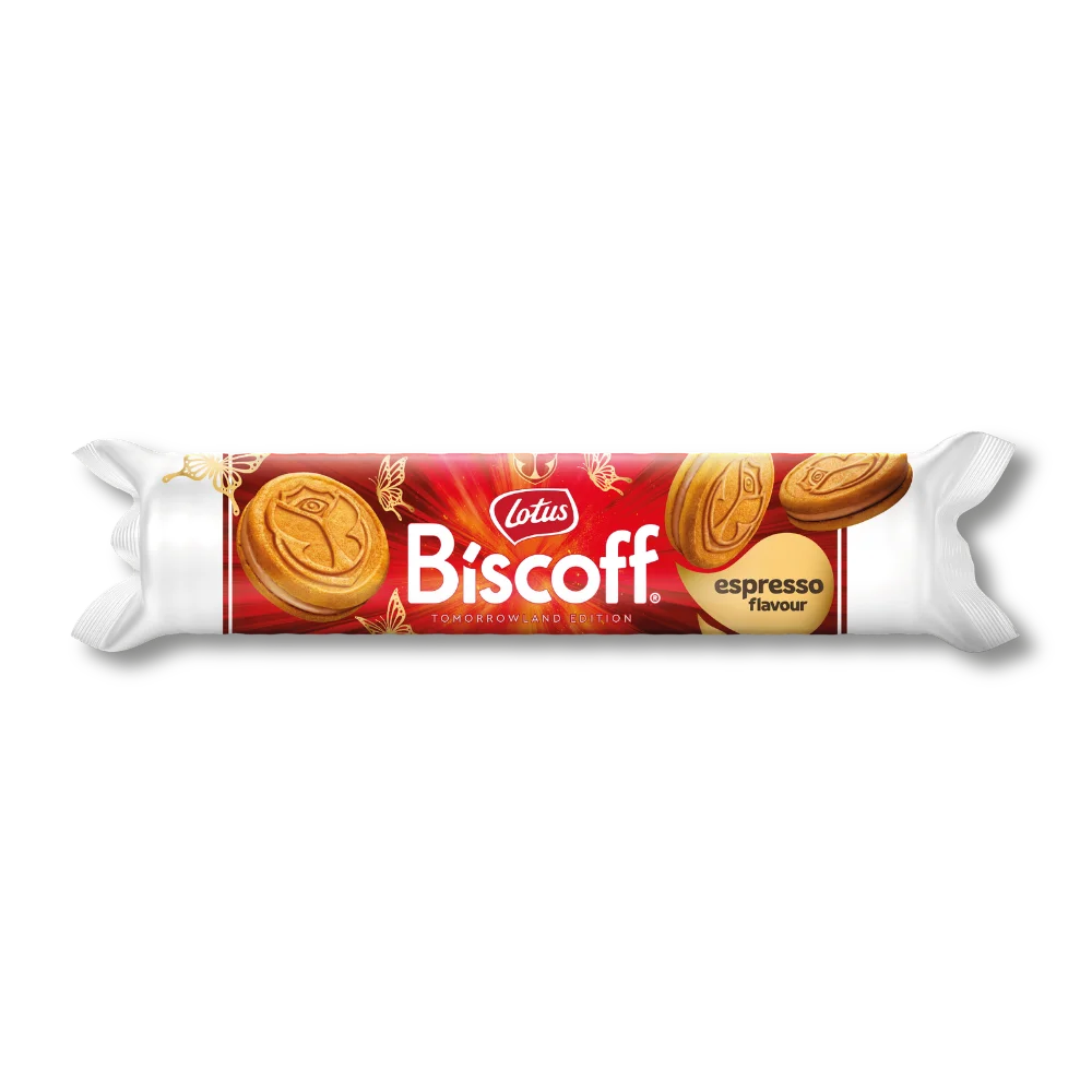 Lotus Biscoff Tomorrowland Edition espresso flavour sandwich biscuits in a red roll wrapper with gold butterfly details