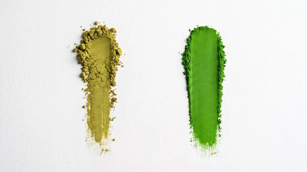 Side by side comparison of dull olive-yellow low-quality matcha powder and vibrant emerald green high-quality matcha powder on a white surface