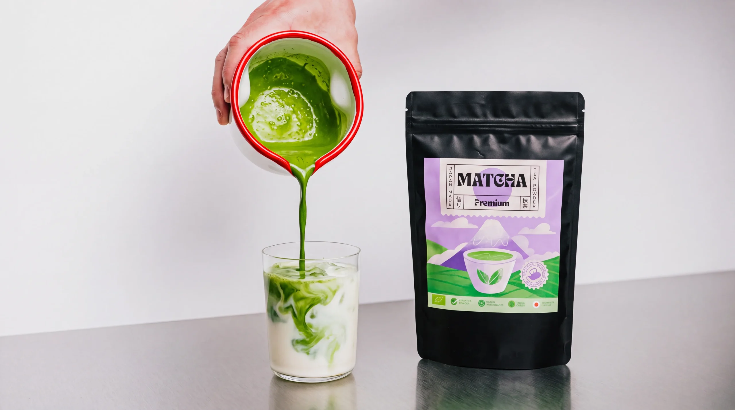 Vivid green matcha being poured from a red ceramic bowl into a glass of milk, creating a swirling marbled effect, with Premium Matcha Powder pouch beside it