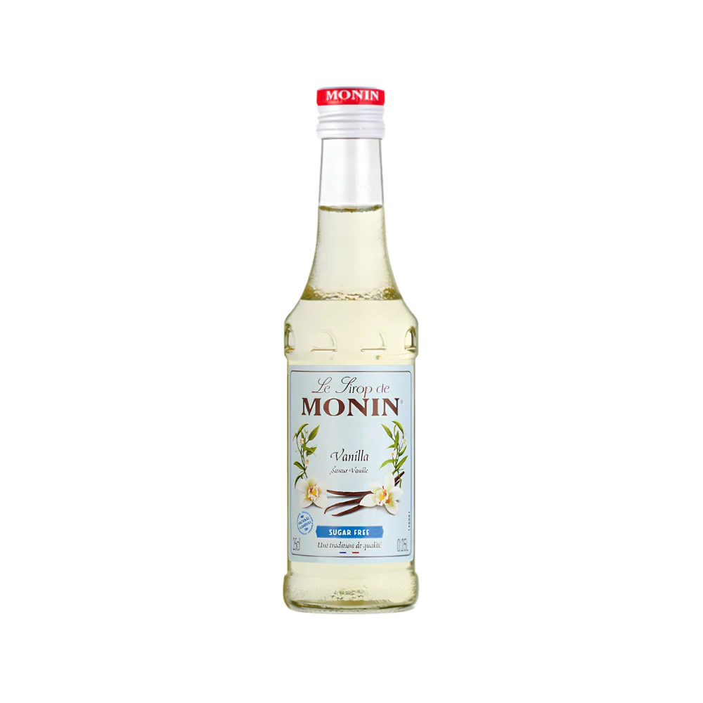 Monin Vanilla Sugar Free syrup in 250ml clear glass bottle with white cap, blue-tinted label featuring illustrated white vanilla flowers, on white background