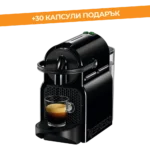 Черна кафемашина Nespresso Inissia EN80 под ъгъл с чаша еспресо и крема на решетъчна поставка