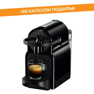 Черна кафемашина Nespresso Inissia EN80 под ъгъл с чаша еспресо и крема на решетъчна поставка