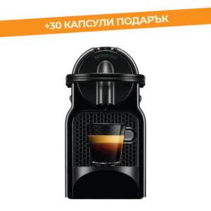 Черна кафемашина Nespresso Inissia EN80 – директен изглед отпред с чаша еспресо