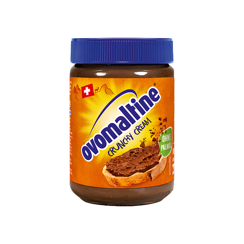 Буркан Ovomaltine Crunchy Cream хрупкав крем 380 г със синя капачка и оранжев етикет на бял фон