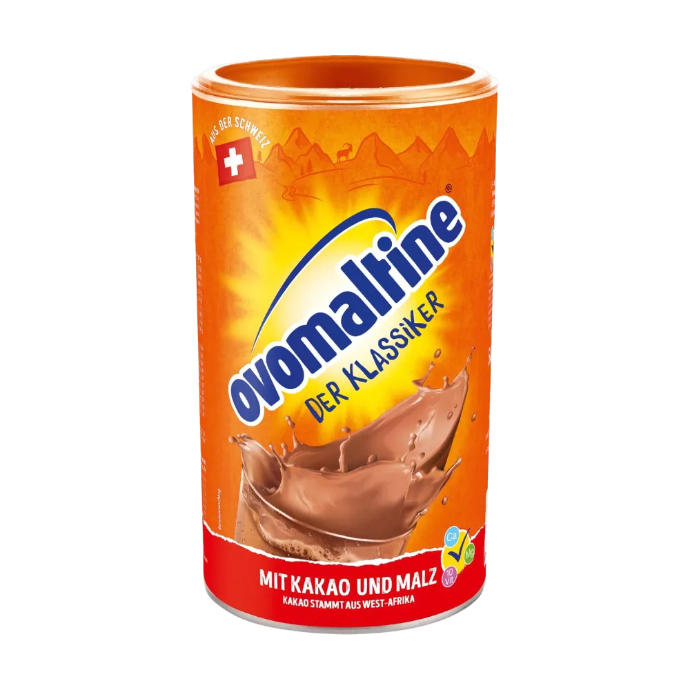 Кутия Ovomaltine Der Klassiker 500 г – напитка с какао и малц, с оранжев етикет на бял фон