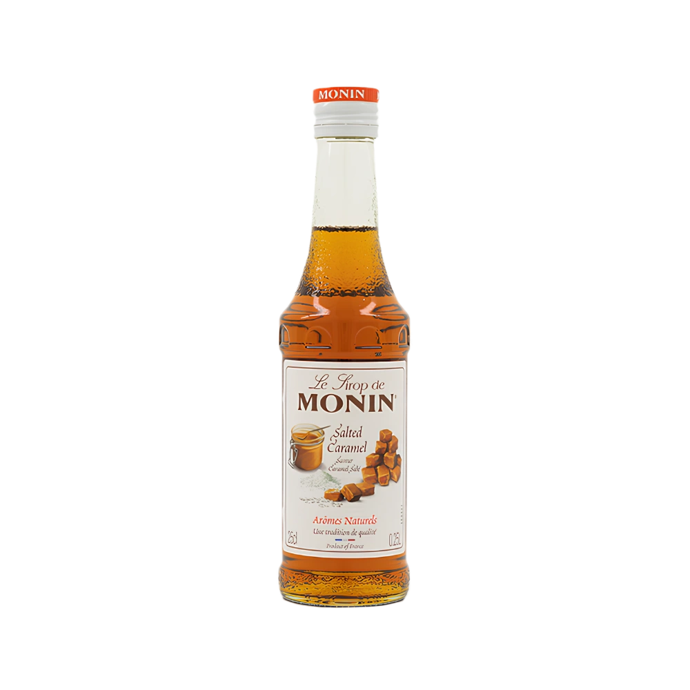 Monin сироп солен карамел в стъклена бутилка 250 мл с бял етикет и червена капачка