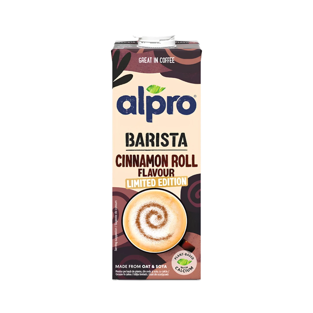 Опаковка Alpro Barista Cinnamon Roll 1 л – растителна напитка от овес и соя, на бял фон